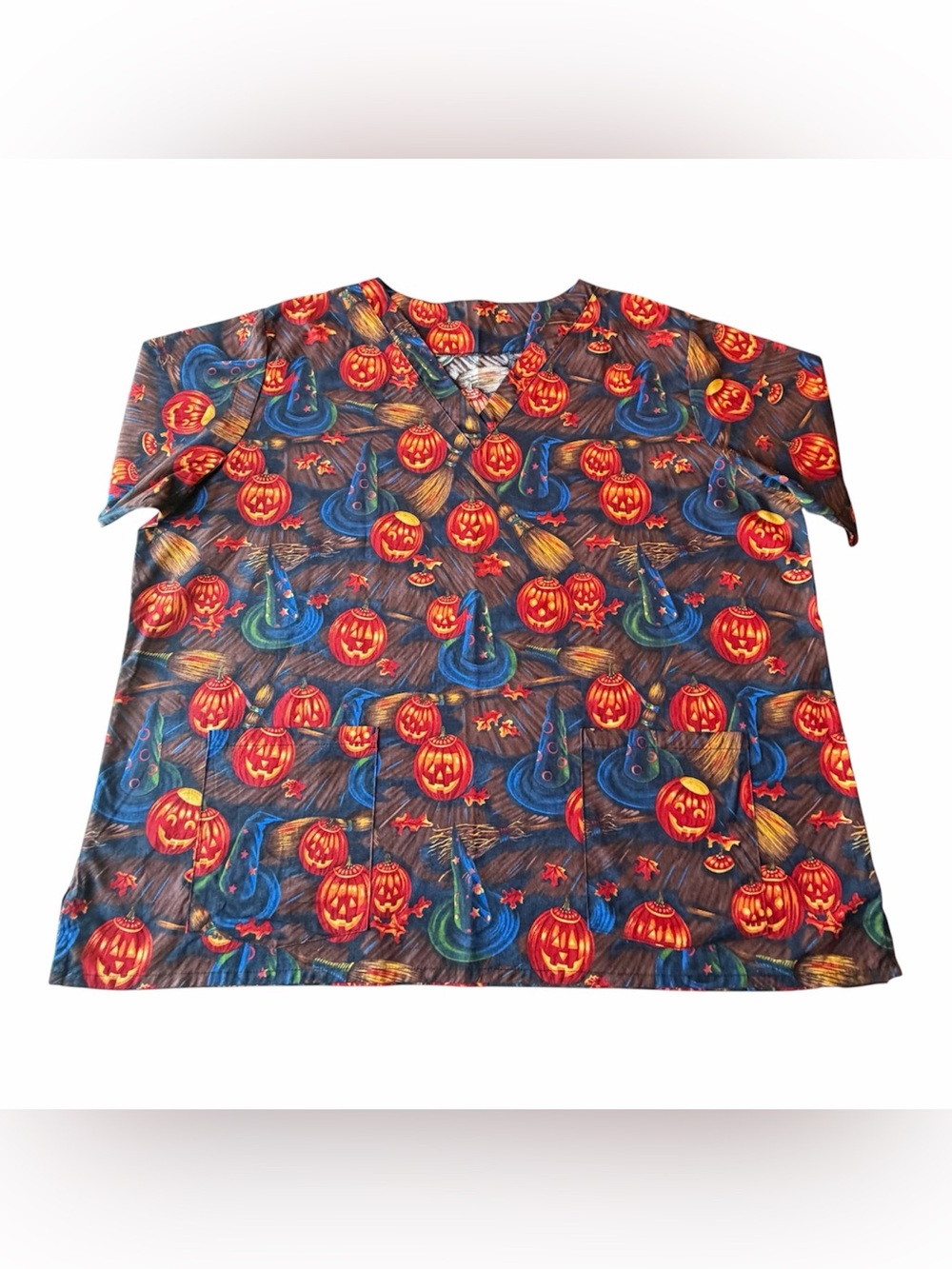 VTG Halloween Scrub Top Jack O Lantern Pumpkins Witch Hats Short Sleeve Size 4X - Picture 6 of 16
